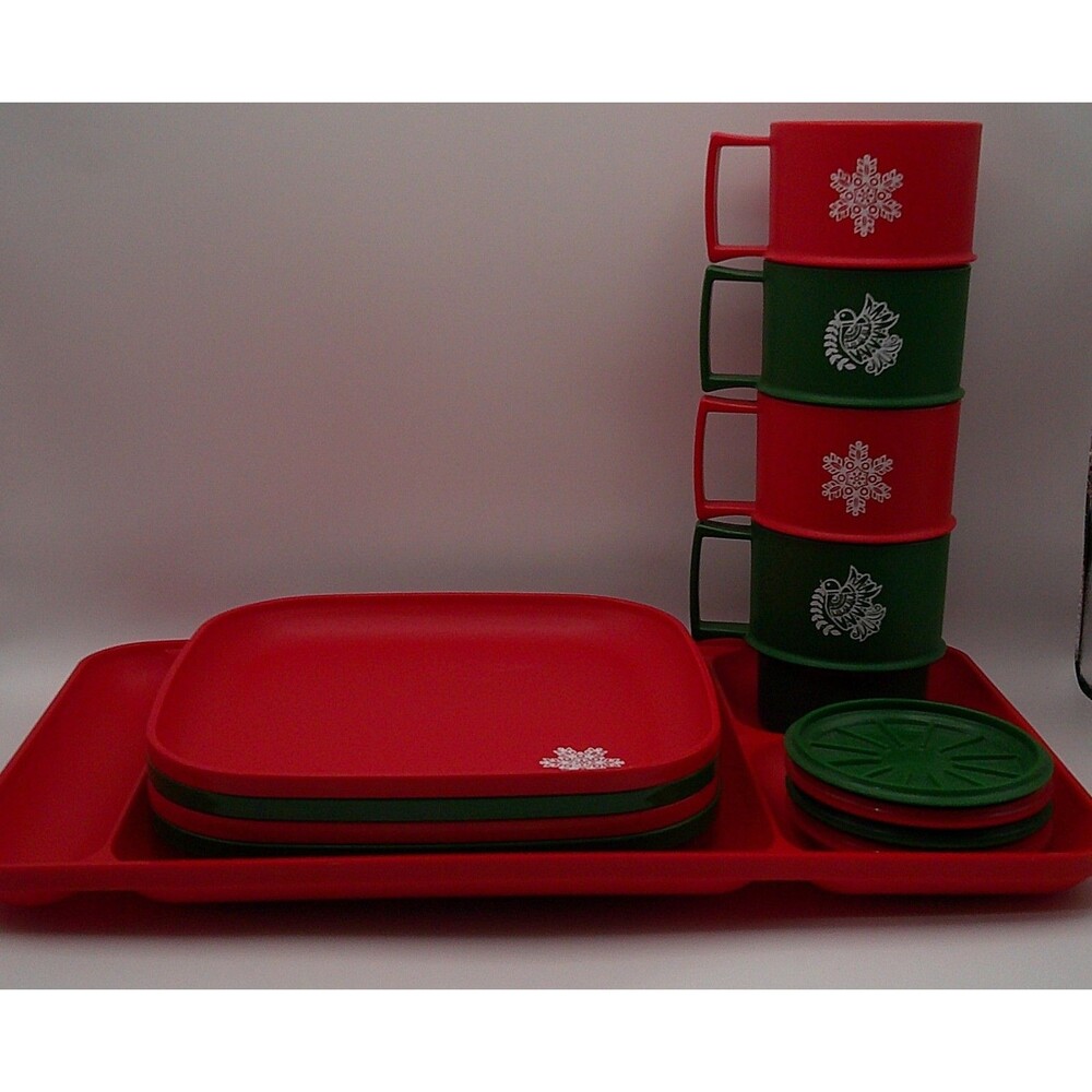 Vintage Tupperware Christmas Stacking Plates Mugs Lids w/Tray Set 13 Pcs